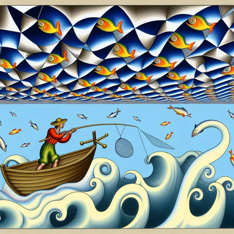 Surrealistische illustratie van een zeevisser op een geometrisch boot, met een optische illusie van de oceaan en bovenliggende patronen van vissen.