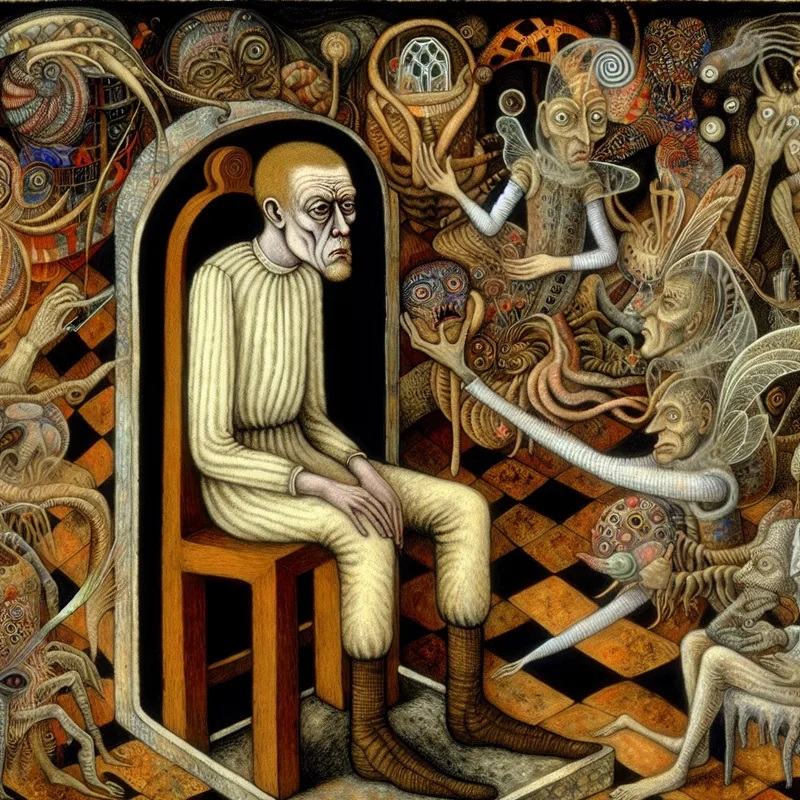 Surreële scene van een zieke man in een Bosch-achtig ziekenhuis