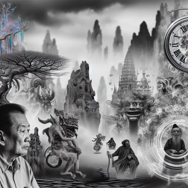 Een man kijkt terug naar een duister, vervormd landschap vol bizarre wezens, symboliserend zijn pijnlijke herinneringen.