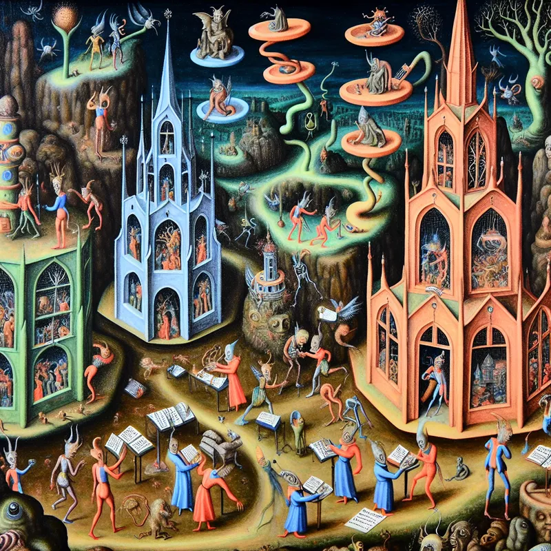 Fantastische afbeelding van een chaotische schoolomgeving met bizarre wezens die leerlingen en leraren voorstellen, in een surrealistische stijl.