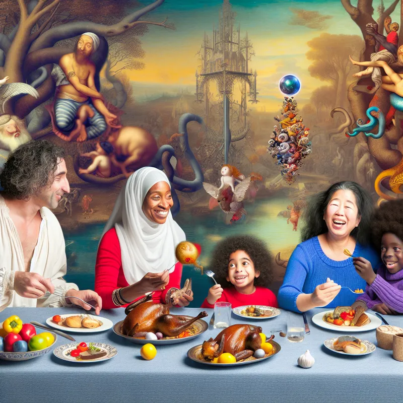 Surreële scene geïnspireerd door Hieronymus Bosch met een vrolijke familie rond de eettafel.