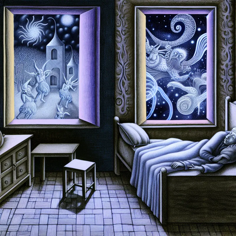 Surrëele slaapkamer met vermoeid persoon op bed, fantasierijke nachtelijke hemel buiten