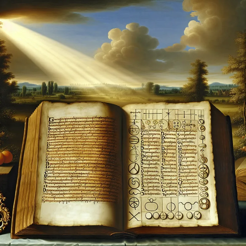 17e-eeuws schilderij van een open oud boek met symbolen en hun verklaringen, met een grote sleutel als symbool voor begrip in een zonovergoten bibliotheek