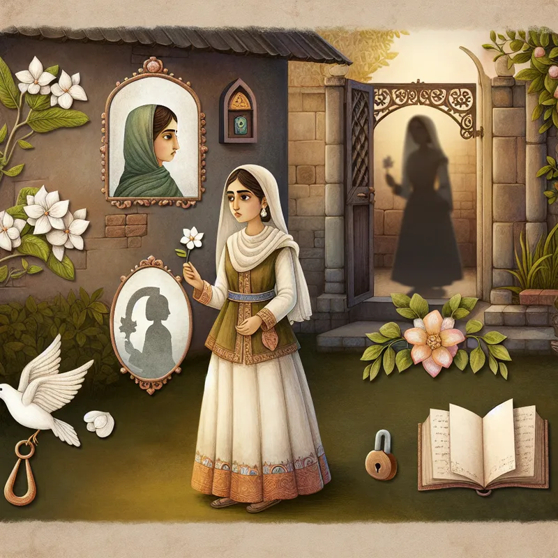 Jonge vrouw in traditionele kleding met witte bloem in nostalgische tuin, symboliserend eer en kuisheid volgens traditionele normen