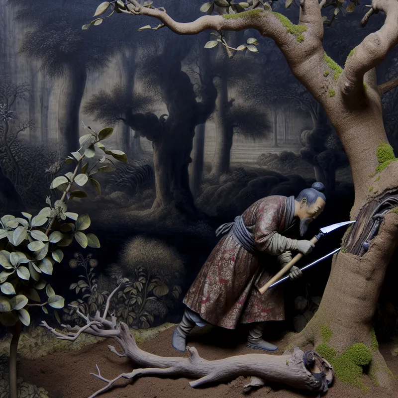 Mysterieuze tuinman snijdt dode tak af van een oude, knoestige boom in een gotische tuin, symbolisch voor het verwijderen van een deel