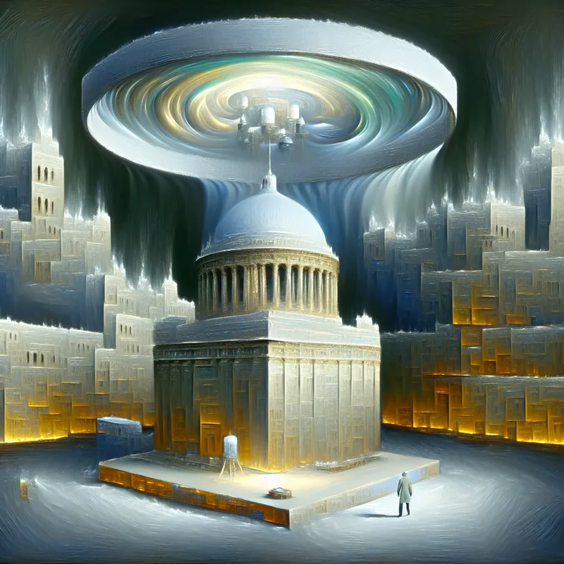 Hyperrealistisch surrealistisch tafereel van een monumentaal historisch gebouw beschermd door een gloeiende koepel tegen verval, symboliserend behoud en zorg voor waardevolle zaken