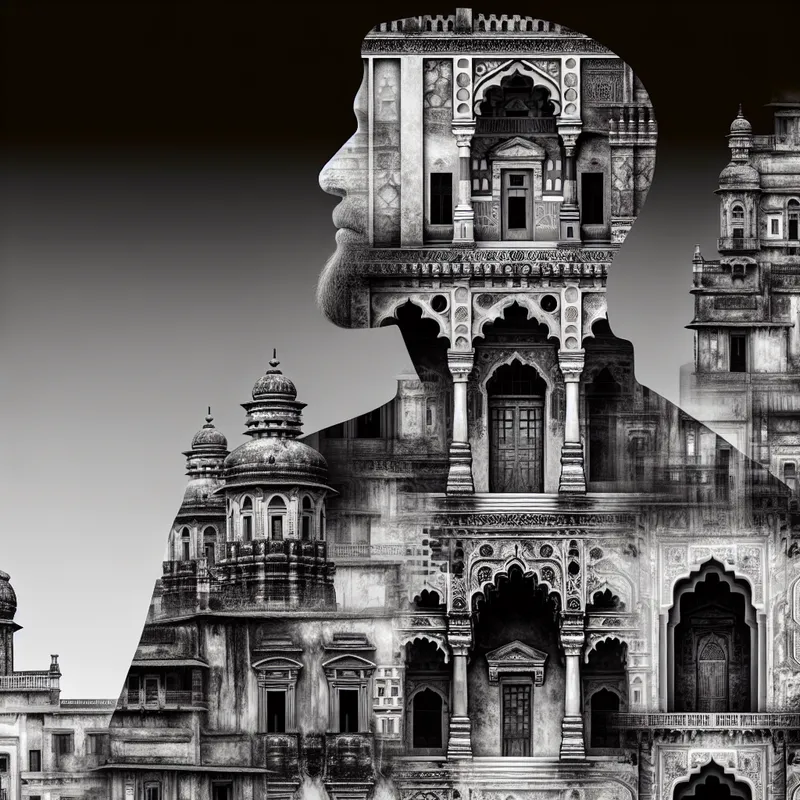 Surrealistische illustratie van architectuur die overgaat in een menselijk lichaam met littekens, symbolisch voor bewijs en getuigenis in de stijl van M.C. Escher