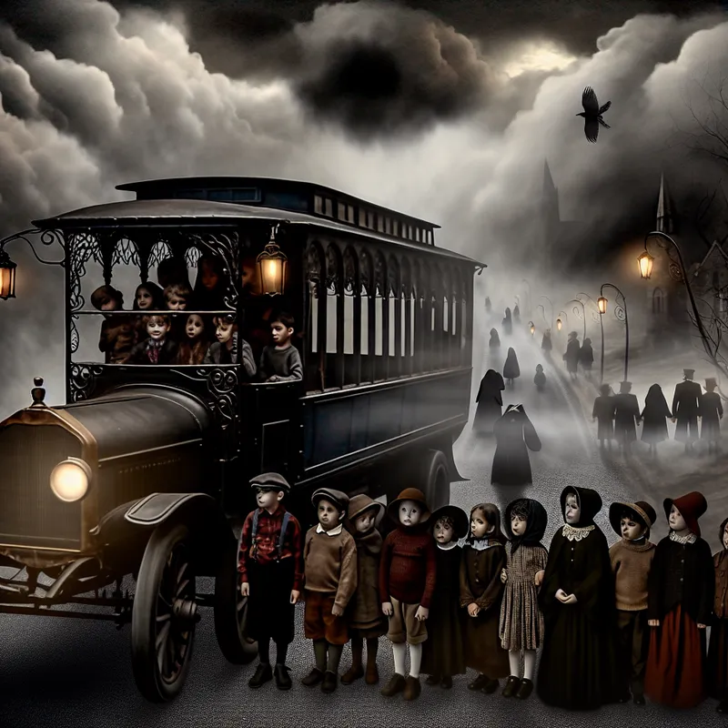 Groep kinderen stapt in een gotische vintage bus onder een sombere lucht, symbolisch voor vervoer per bus