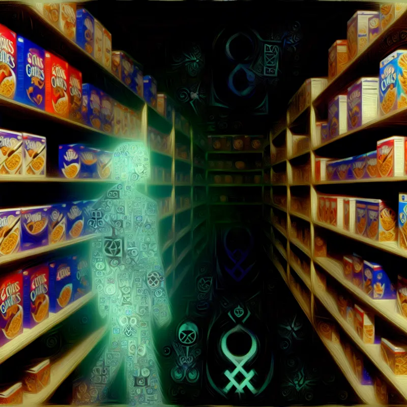 Mysterieus ontbijtgranenassortiment in een gotische supermarktgang met een spookachtige figuur die een keuze maakt uit een ruime selectie ontbijtgranen