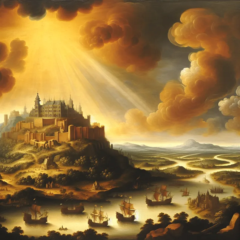 Symbolisch landschap in de stijl van Jacob van Ruisdael met een machtige vesting op een heuvel, omringd door rivieren, schepen en verre landen, als metafoor voor een invloedrijke staat of organisatie