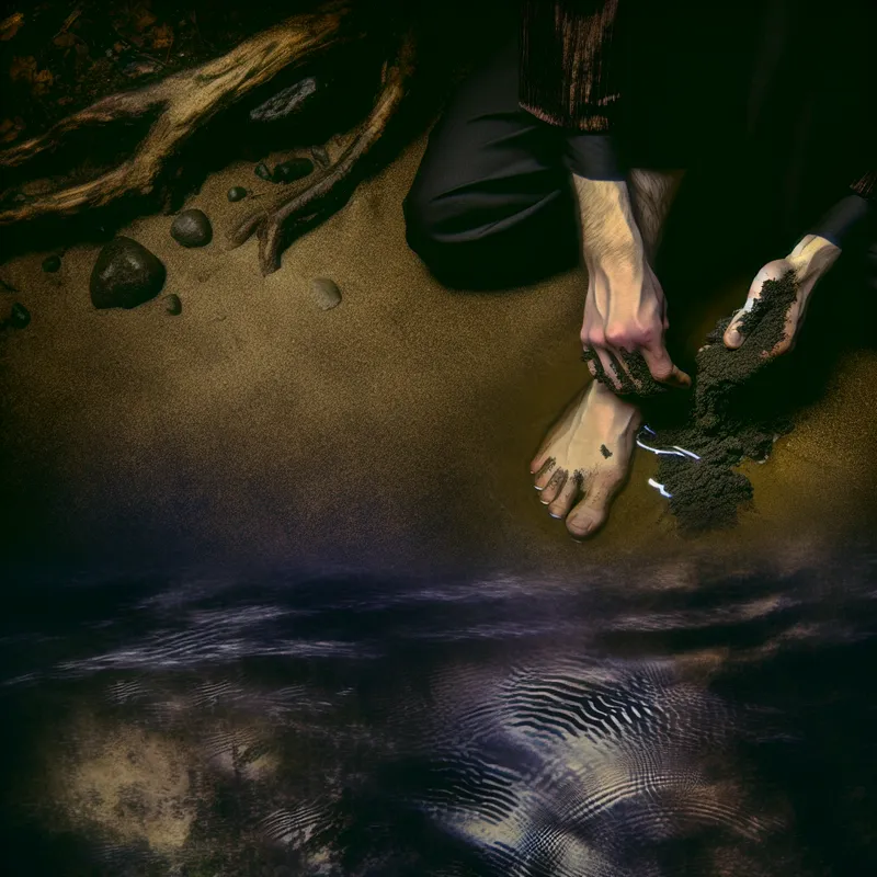 Symbolische illustratie van voeten die in donker water schoongemaakt worden, met zand dat wegspoelt in een mystieke sfeer