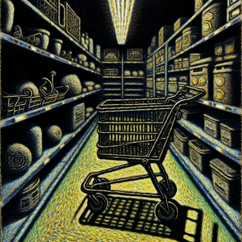 Donker, symbolisch winkelwagentje (sleetje) vol boodschappen in een gotische supermarktgang met schaduwrijke figuur en griezelige sfeer