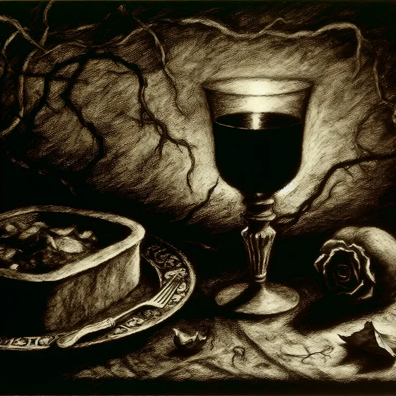 Symbolisch stilleven met een bord eenvoudig eten en een halfvol glas rode wijn dat zacht gloeit, als aanvulling of extra toevoeging in een donkere, mysterieuze setting