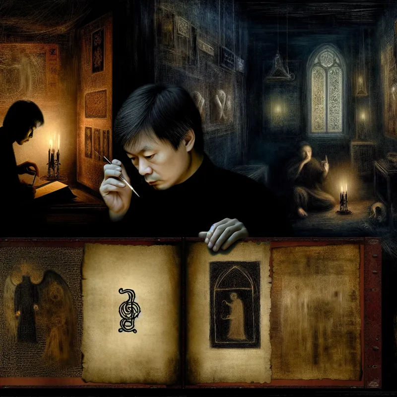 Een persoon die zorgvuldig een klein symbool op een oud perkament aanbrengt in een mysterieuze, donker verlichte kamer.