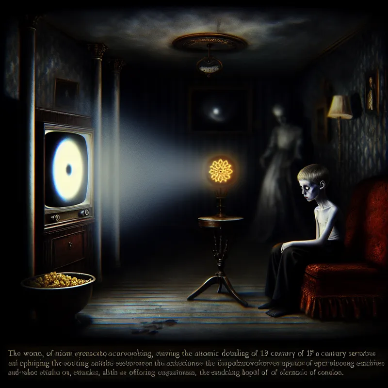 Kind kijkt gefascineerd naar een oude televisie in een donkere, gotische woonkamer met schaduwen en mysterieuze tv-static