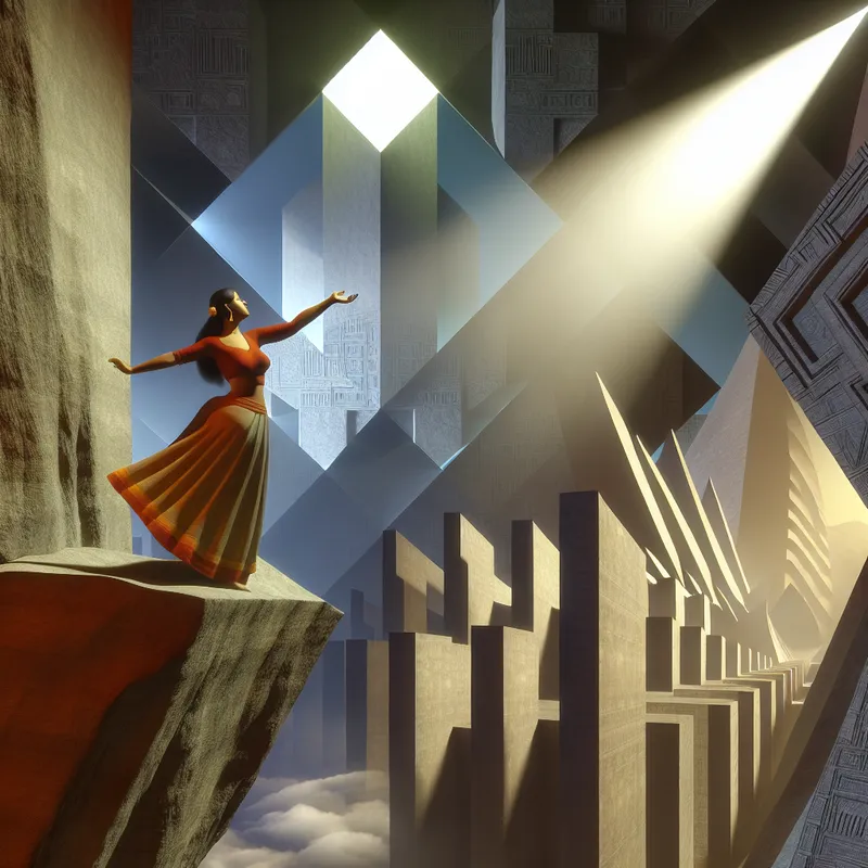 Persoon op hoge klif met uitgestrekte armen naar hemels licht, symboliserend vertrouwen in iets groters in surrealistisch landschap