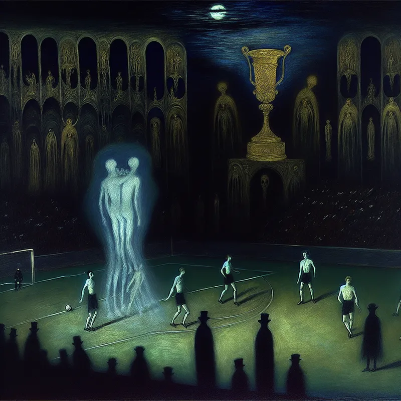 Symbolische voorstelling van een voetbalwedstrijd waarbij het ene team een duidelijk voordeel heeft, met een spookachtige trofee boven hun hoofden in een donkere, gotische stijl