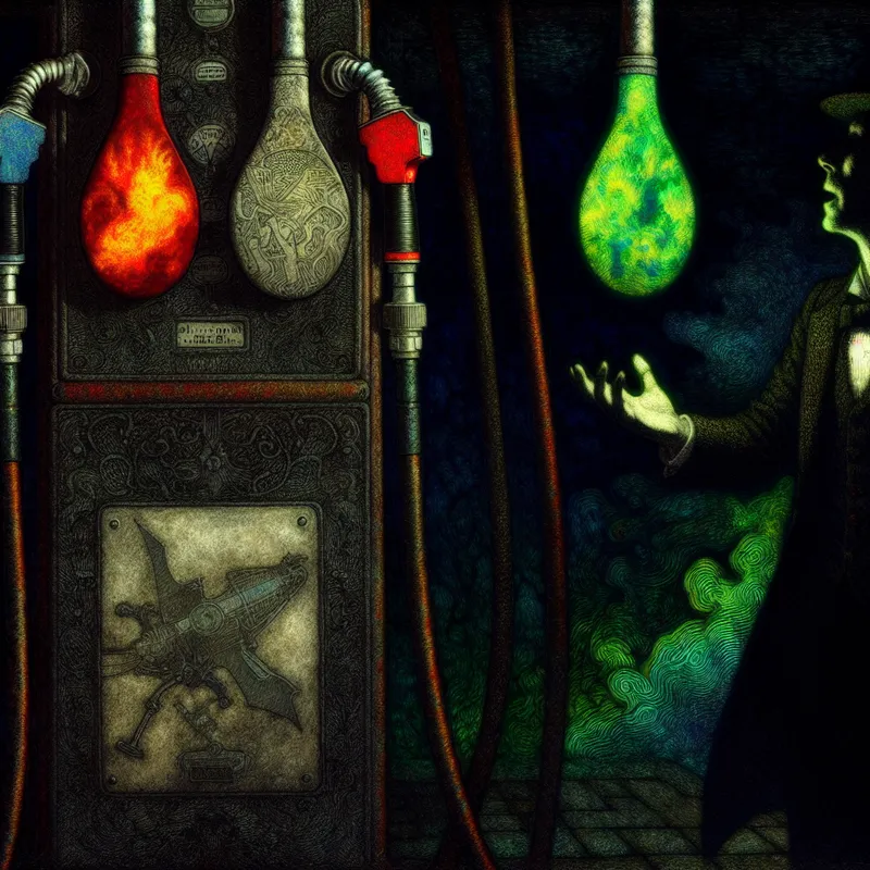 Vintage benzinestation met drie symbolische benzinesoorten in gotische stijl, waarbij een schaduwfiguur een keuze maakt