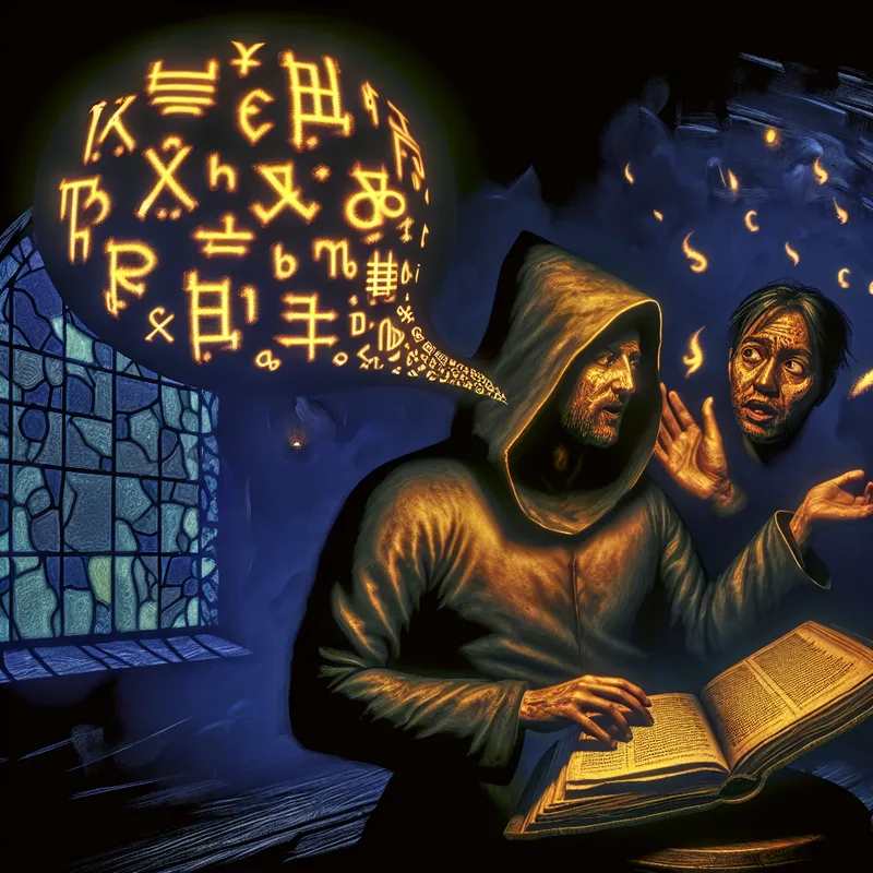 Mysterieuze figuur fluistert betekenisvolle woorden uit een oud boek in het oor van een vermoeide man aan een donker houten tafel, met gloeiende Nederlandse tekst en gotische symbolen op de achtergrond
