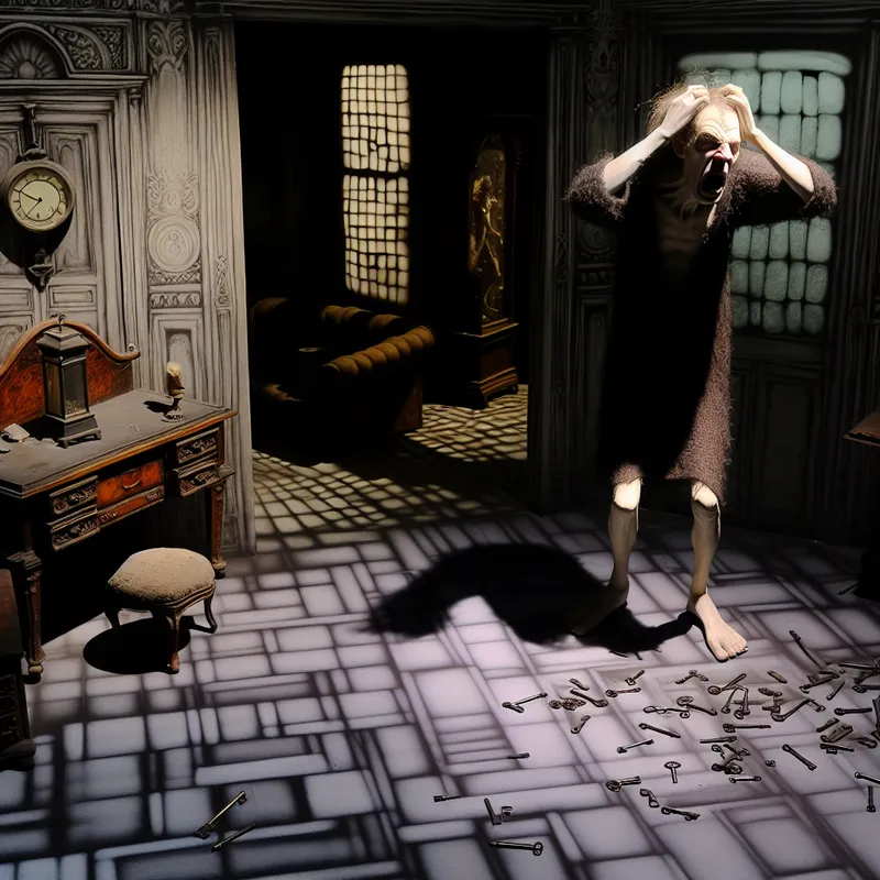 Gefrustreerde persoon in een donkere, rommelige kamer met verloren sleutels, symbolisch voor ergernis en frustratie in de stijl van Félicien Rops