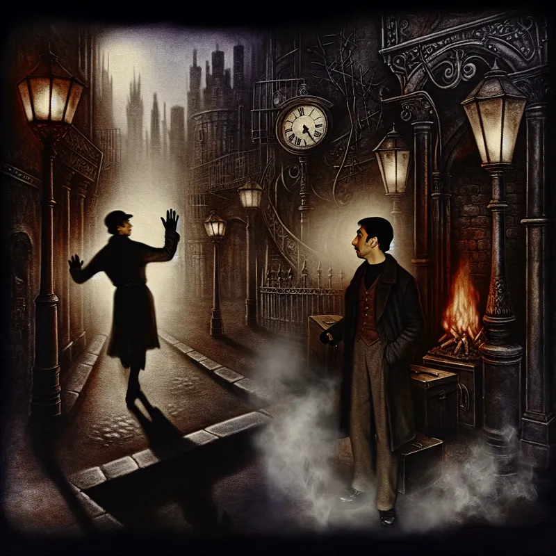 Twee figuren in een donkere, gotische steeg die elkaar groeten of afscheid nemen bij schemering, met symbolische elementen zoals een klok en mist