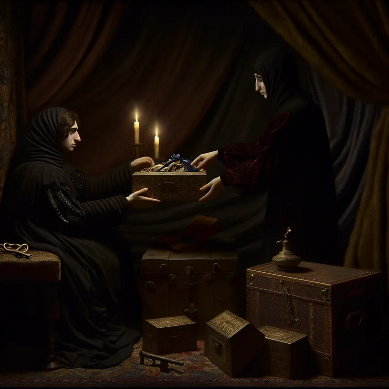 Gothische scène van een persoon die een ander een gunst verleent met een klein, versierd pakketje in 19e-eeuwse stijl