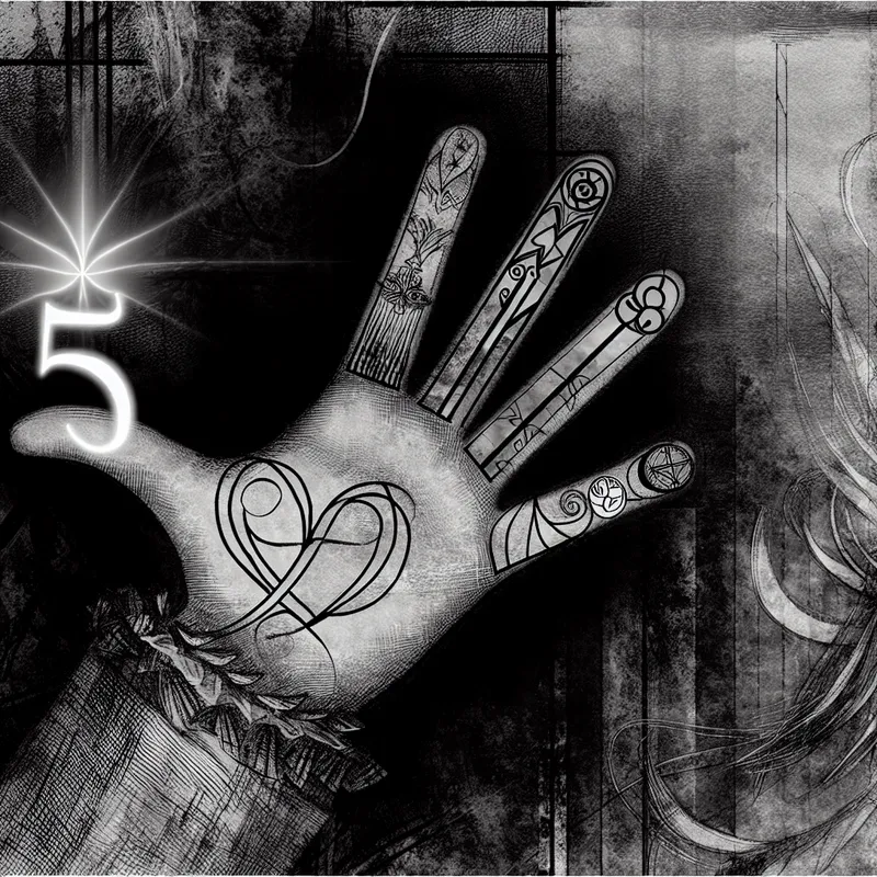 Een gedetailleerde illustratie van een hand met vijf vingers, elk versierd met symbolen van verschillende culturen, gelegen in een mysterieuze, gotische omgeving.