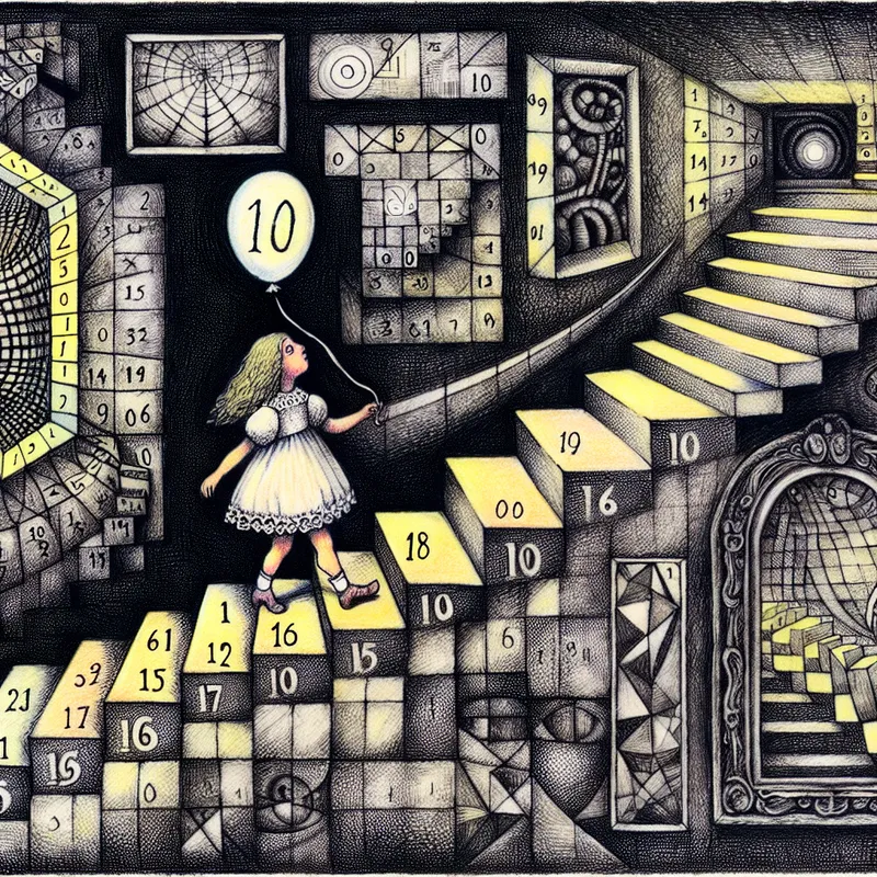 Surrealistisch kunstwerk in de stijl van M.C. Escher van een meisje dat de leeftijd van tien jaar bereikt, met een trap van 1 tot 10, een gloeiende stap en een brug naar een stad