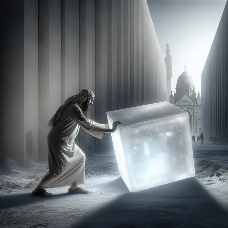 Persoon in surrealistisch stadslandschap tilt een enorme, lichtgevende doos op, symboliserend fysieke en mentale kracht