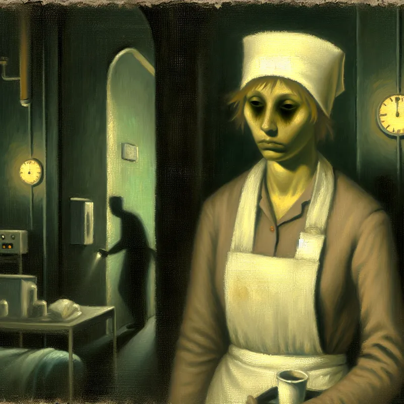 Uitgeputte nachtdienstverpleegkundige in donkere ziekenhuisgang met flikkerend licht en schaduwen, symbolisch voor nachtelijke werktijd