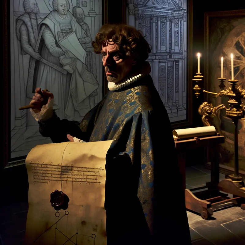 Mysterieuze figuur in gotische setting houdt perkament met waszegel vast, omringd door artistieke en organisatorische elementen die een complexe opdracht symboliseren