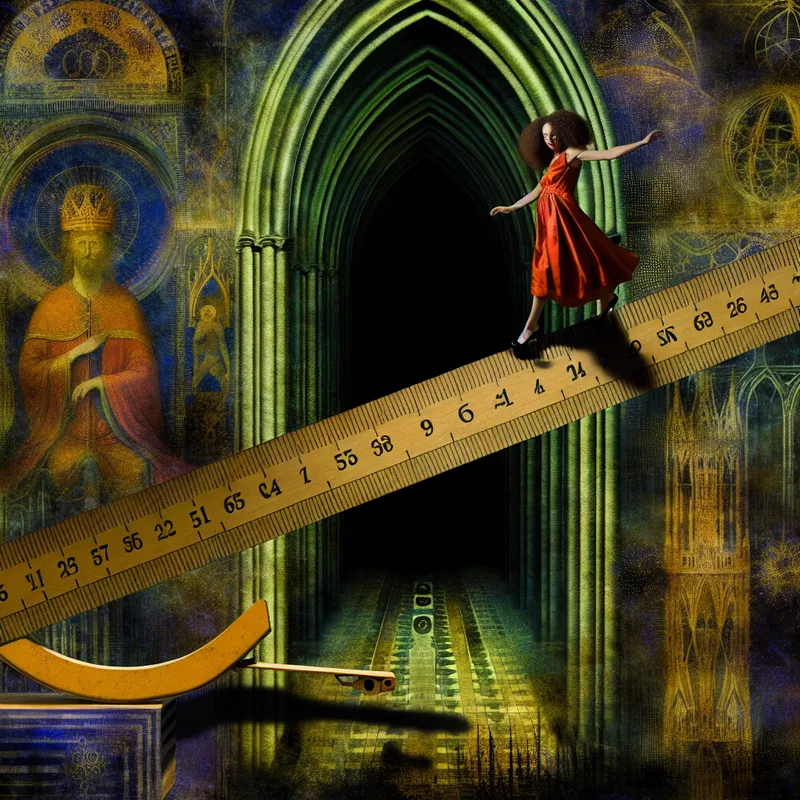 Persoon overschrijdt symbolisch een grens op een gebogen meetlat die in duisternis vervaagt, met een mystieke en gotische sfeer