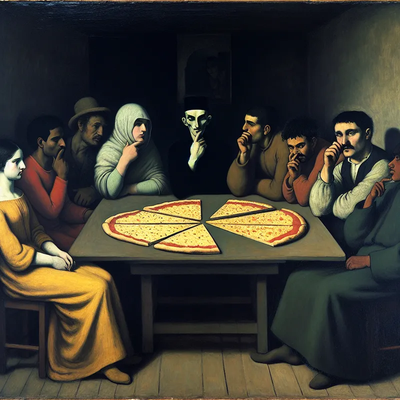 Vrienden rond een tafel met een pizza waarvan een derde ontbreekt in een sombere, symbolische scène