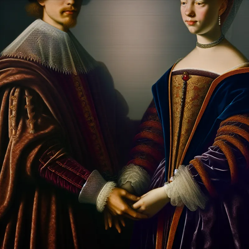 Twee personen in 17e-eeuwse Nederlandse kleding, handen ineengeslagen als symbool van een diepe morele en emotionele verbintenis