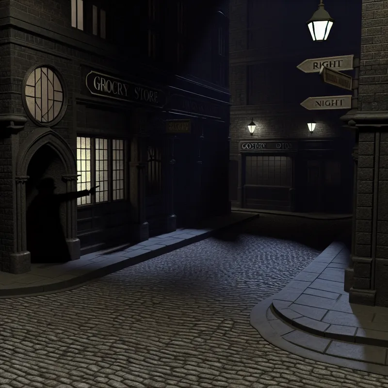 Schaduwrijke straatscène met een figuur die naar rechts wijst, richting een subtiel verlichte supermarkt aan de rechterkant, in een mysterieuze gothic sfeer