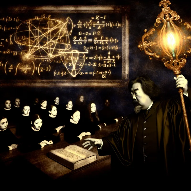 Gothische docent overhandigt gouden sleutel aan studenten in een klaslokaal, symbolisch voor het vinden van een oplossing of inzicht in complexe problemen