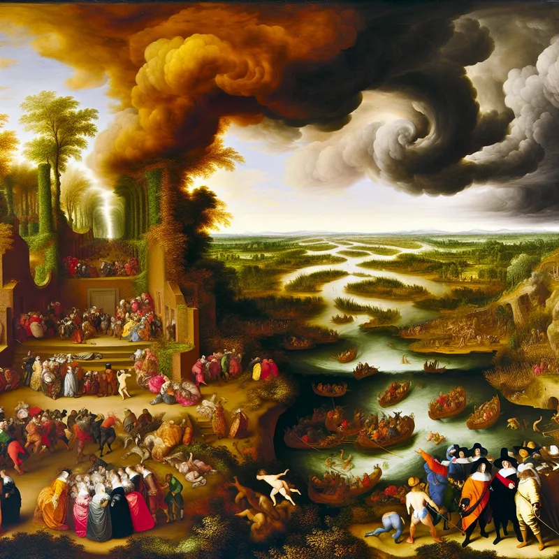 17e-eeuws Nederlands landschapsschilderij van Jacob van Ruisdael met een turbulente rivier als symbool voor een stroming, waarbij klassieke en moderne kunstenaars op beide oevers verschillende richtingen vertegenwoordigen