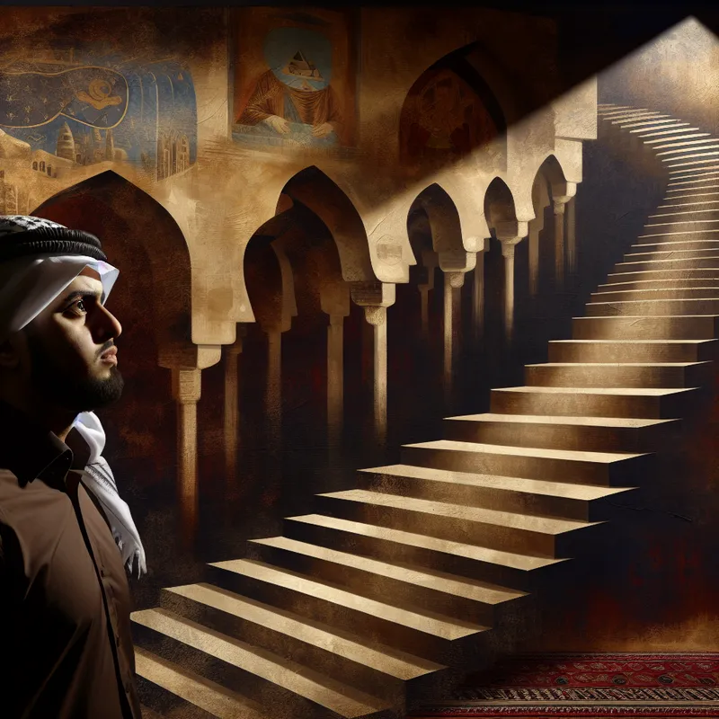 Een persoon staat onderaan een grote symbolische trap, met een vastberaden blik, klaar om de uitdagingen van het leven aan te gaan.