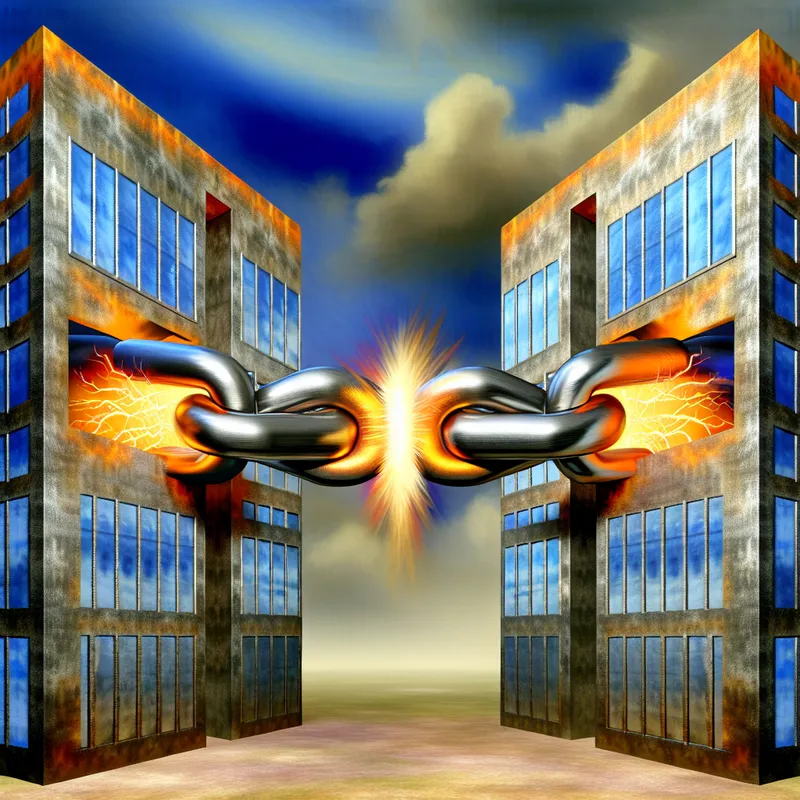 Twee monumentale metalen gebouwen verbonden door gloeiende stalen banden, met twee handen die elkaar vastgrijpen als symbool van samenwerking en eenheid in een surrealistische stijl