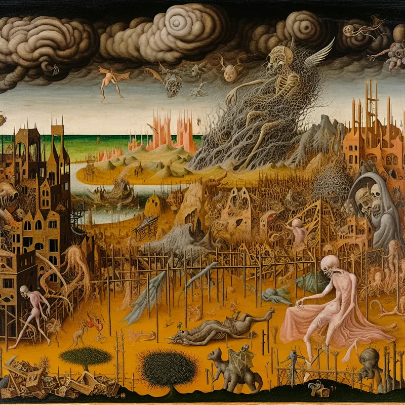 Surrealistisch tafereel van een vervallen middeleeuwse stad met symbolen van economische of gezondheidsverslechtering, in de stijl van Jheronimus Bosch