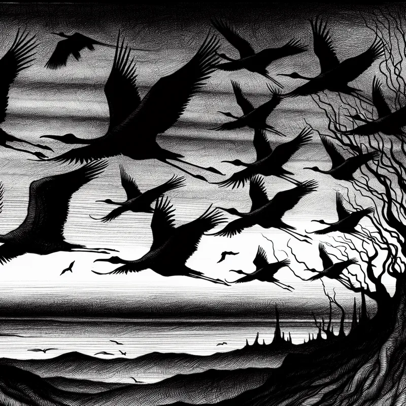 Symbolische voorstelling van vogels die doelgericht migreren bij schemering, geïnspireerd op de stijl van Félicien Rops