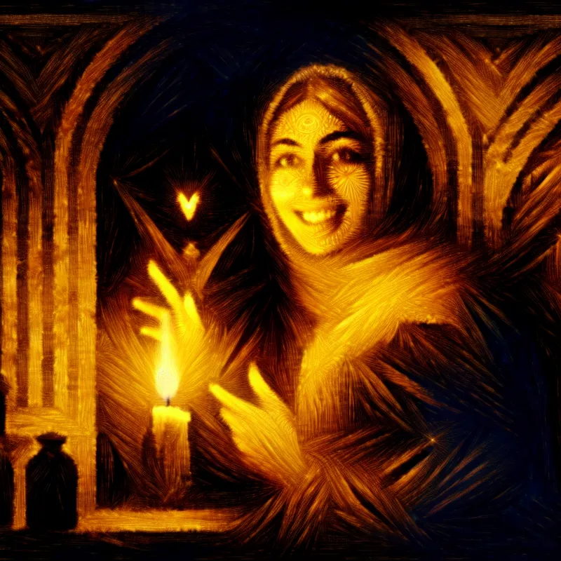 Warme, hartelijke vrouw begroet iemand in een sfeervolle, donkere kamer met kaarslicht en gothic details, symboliserend vriendelijkheid en enthousiasme