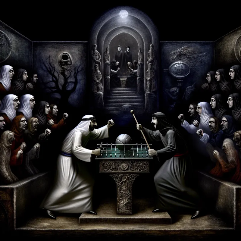 Twee teams in een spannende wedstrijdstandoff met dramatische belichting en gothic sfeer, geïnspireerd op Félicien Rops