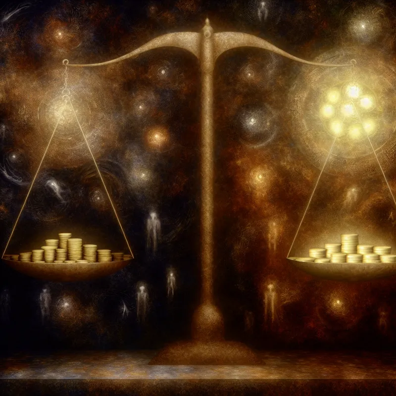Symbolische weegschaal met gouden munten (kosten) en stralende baten in een duistere, gotische setting, geïnspireerd op Félicien Rops