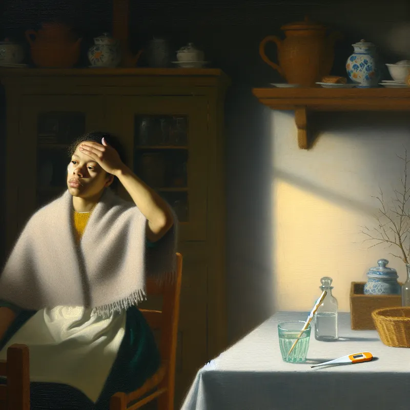 Een jonge vrouw met koorts op een houten stoel, een thermometer en een glas water naast zich, verlicht door diffuus licht.