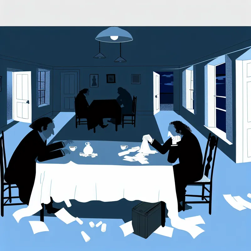 Minimalistische illustratie van twee uitgeputte personen aan een tafel met papieren en koffiekopjes, symboliserend een taaie onderhandelingssituatie