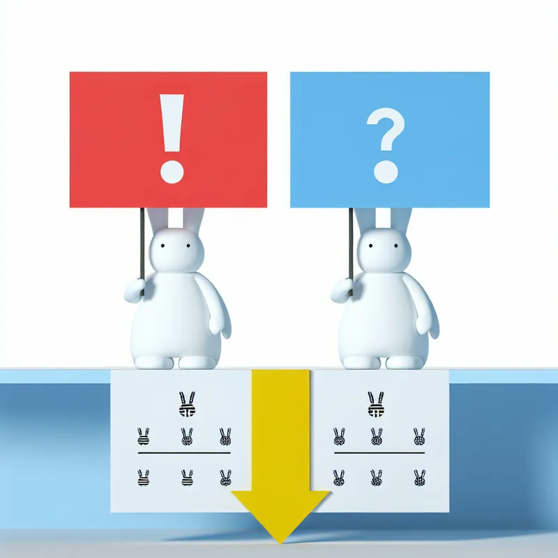 Twee witte konijnen met rode en blauwe borden met uitroepteken en vraagteken, wijzend naar een vergelijkingstabel met patronen voor taalonderwijs