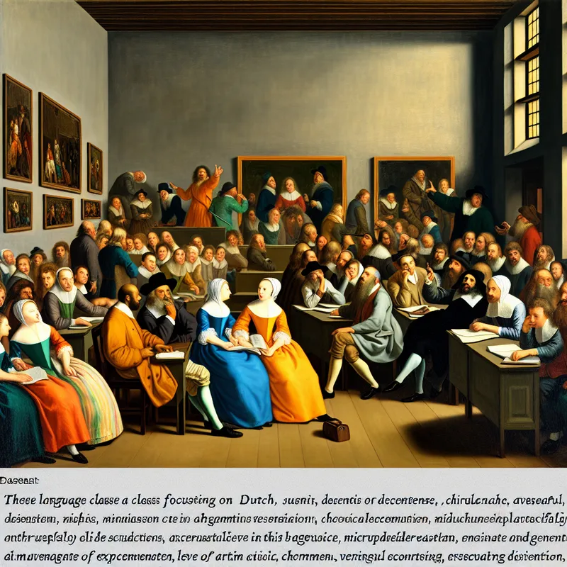 Een diverse groep mensen in een kleurrijke taalklas die de Nederlandse taal leren, onder begeleiding van een enthousiaste leraar