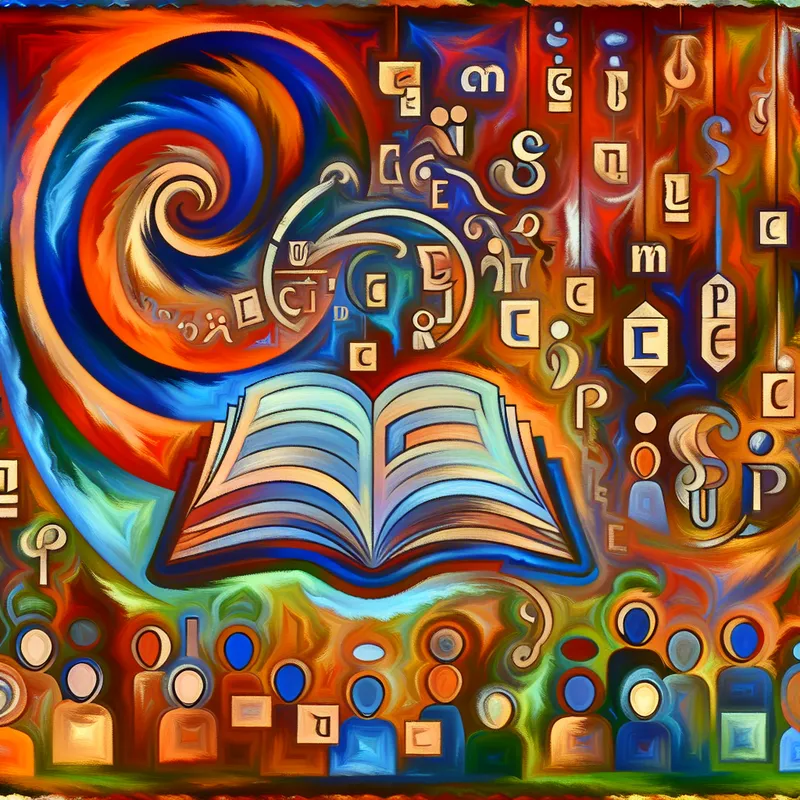 Een levendige afbeelding van een klaslokaal met een geopend boek vol letters en woorden, omgeven door enthousiaste studenten.