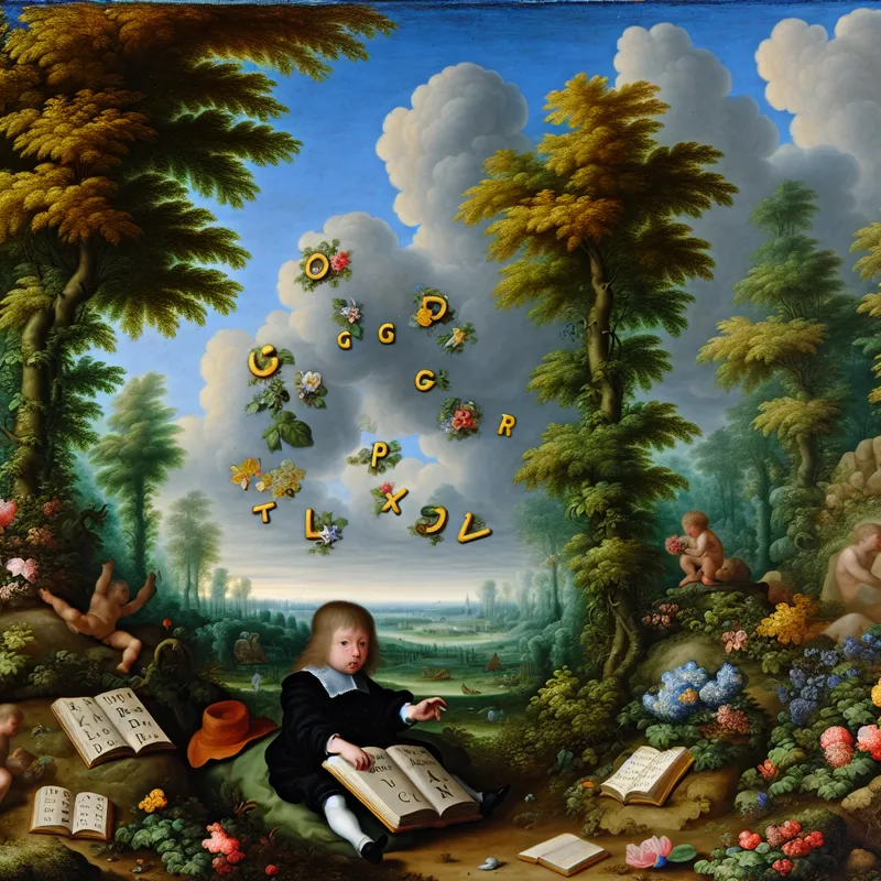 Een jonge kind leert en communiceert te midden van een kleurrijk landschap vol bloemen en boeken.